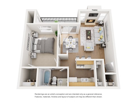 A floor plan of a small apartment with a living room, kitchen, and bathroom.